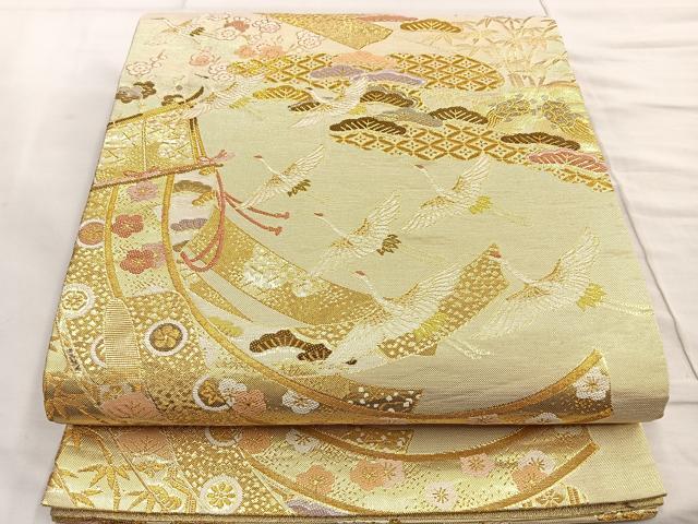 平和屋着物●佐賀錦 六通柄袋帯 几帳舞鶴松花文 金糸 正絹 逸品 BAAL6016ea