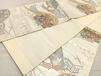 平和屋着物◎六通柄袋帯 唐織 京名所風景花文 金糸 正絹 逸品 BAAL6215ea