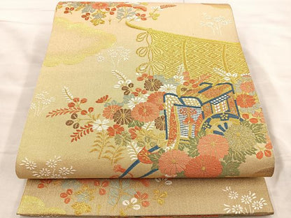 平和屋着物◎六通柄袋帯 唐織 几帳御所車花文 金糸 正絹 逸品 BAAL6223ea