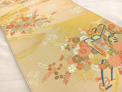 平和屋着物◎六通柄袋帯 唐織 几帳御所車花文 金糸 正絹 逸品 BAAL6223ea