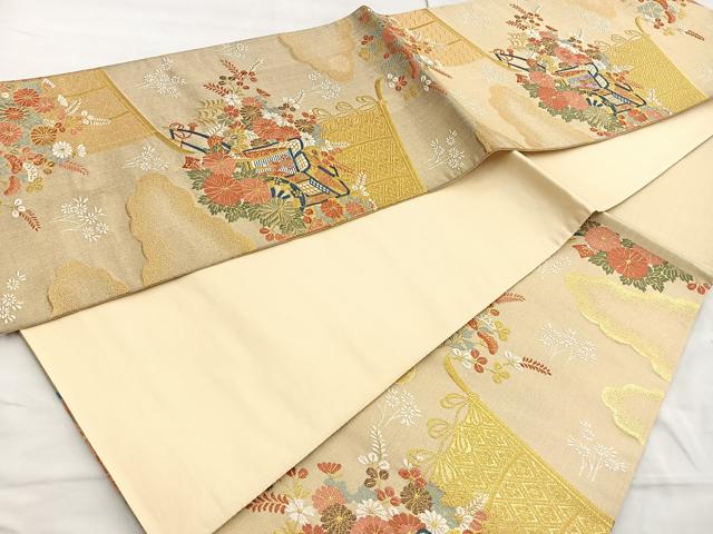 平和屋着物◎六通柄袋帯 唐織 几帳御所車花文 金糸 正絹 逸品 BAAL6223ea