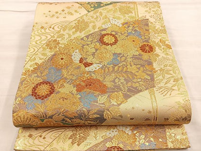平和屋着物◎六通柄袋帯 唐織 流水地紙花蝶文 金銀糸 正絹 逸品 BAAL6228ea