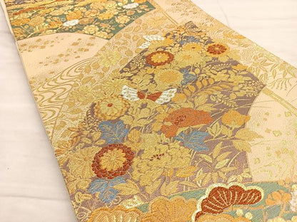 平和屋着物◎六通柄袋帯 唐織 流水地紙花蝶文 金銀糸 正絹 逸品 BAAL6228ea