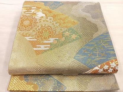 平和屋着物◎六通柄袋帯 正倉院地紙重ね花鳥文 金糸 正絹 逸品 BAAL6231ea