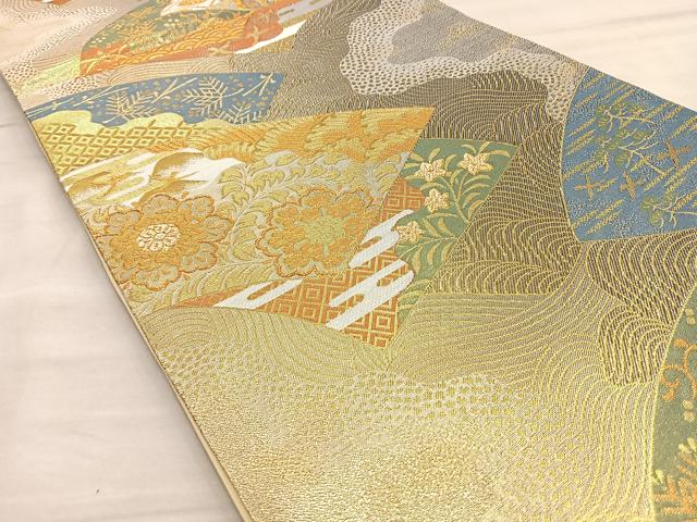 平和屋着物◎六通柄袋帯 正倉院地紙重ね花鳥文 金糸 正絹 逸品 BAAL6231ea
