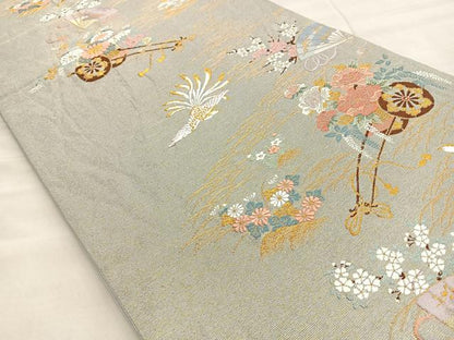 平和屋着物◎六通柄袋帯 唐織 春秋花車文 金銀糸 正絹 逸品 BAAL6251ea