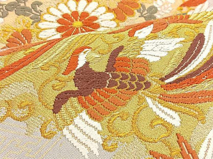 平和屋着物●六通柄袋帯 唐織 花鳥菱文 金糸 正絹 逸品 BAAL6279ea