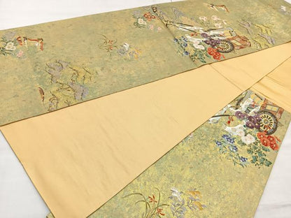 平和屋着物◎六通柄袋帯　唐織　御所の庭　金銹錦　引箔　正絹　逸品　BAAL6298ea