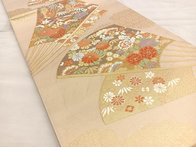 平和屋着物◎六通柄袋帯 唐織 扇面花鳥文 金糸 正絹 逸品 BAAL6412ea