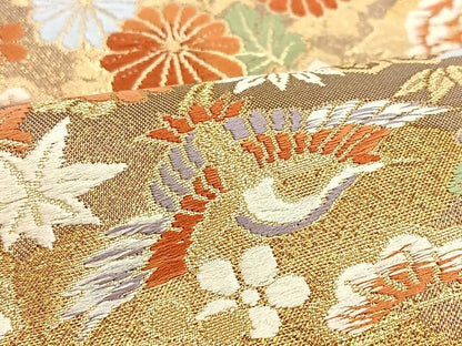 平和屋着物◎六通柄袋帯 唐織 扇面花鳥文 金糸 正絹 逸品 BAAL6412ea