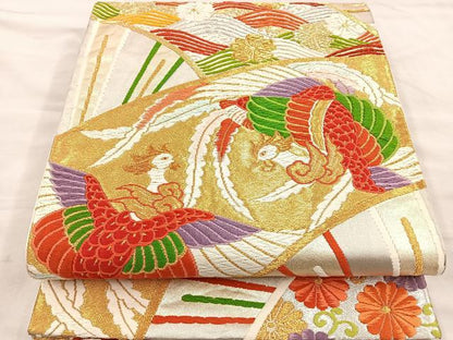 平和屋着物◎六通柄袋帯 唐織 鳳凰扇面花文 金銀糸 正絹 逸品 BAAL6433ea