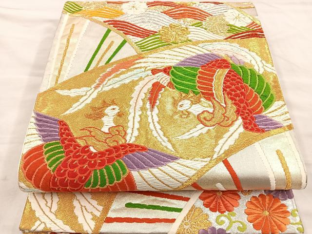 平和屋着物◎六通柄袋帯 唐織 鳳凰扇面花文 金銀糸 正絹 逸品 BAAL6433ea