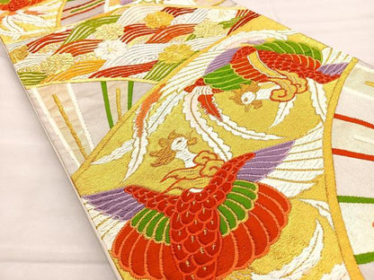 平和屋着物◎六通柄袋帯 唐織 鳳凰扇面花文 金銀糸 正絹 逸品 BAAL6433ea