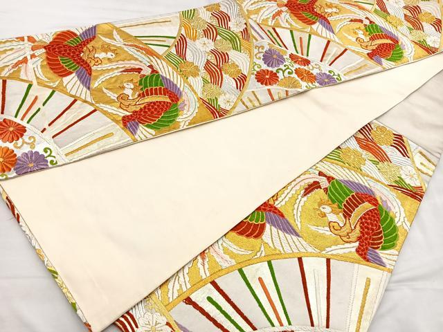 平和屋着物◎六通柄袋帯 唐織 鳳凰扇面花文 金銀糸 正絹 逸品 BAAL6433ea