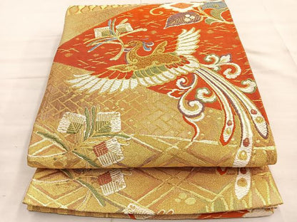 平和屋着物◎六通柄袋帯 唐織 尾長鳥花蝶文 金糸 正絹 逸品 BAAL7291di