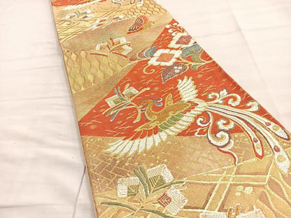 平和屋着物◎六通柄袋帯 唐織 尾長鳥花蝶文 金糸 正絹 逸品 BAAL7291di