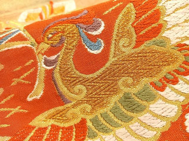 平和屋着物◎六通柄袋帯 唐織 尾長鳥花蝶文 金糸 正絹 逸品 BAAL7291di