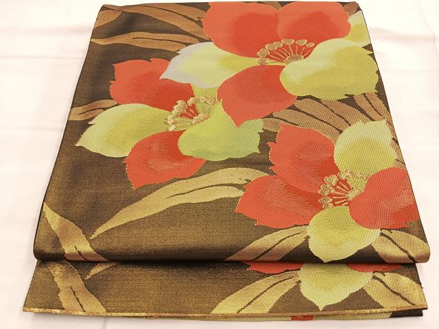 平和屋着物◎六通柄袋帯 草花文 黒地 金糸 正絹 逸品 BAAL7293di