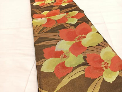 平和屋着物◎六通柄袋帯 草花文 黒地 金糸 正絹 逸品 BAAL7293di