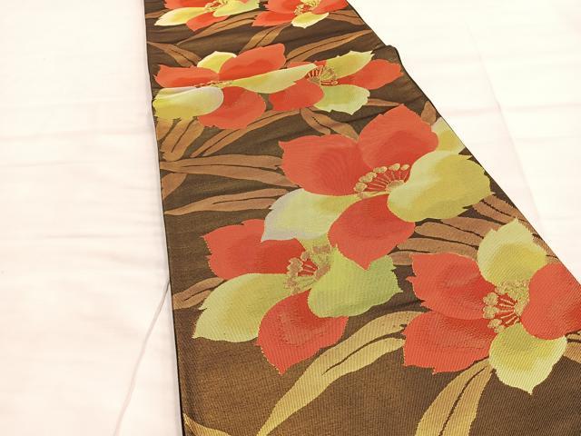 平和屋着物◎六通柄袋帯 草花文 黒地 金糸 正絹 逸品 BAAL7293di