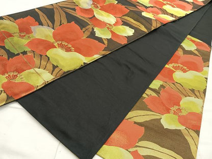 平和屋着物◎六通柄袋帯 草花文 黒地 金糸 正絹 逸品 BAAL7293di