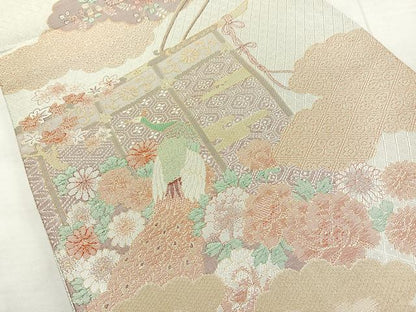 平和屋着物◎宝珠佐賀錦 九百錦 六通柄袋帯 孔雀花文 金銀糸 正絹 逸品 BAAL7818cm