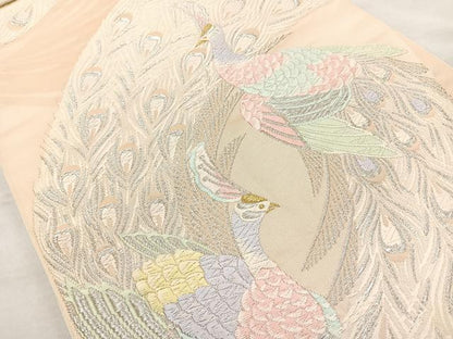 平和屋着物◎六通柄袋帯 唐織 孔雀 金銀糸 正絹 逸品 BAAL7822cm