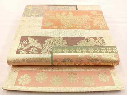 平和屋着物◎六通柄袋帯 花鳥文 金糸 正絹 逸品 BAAL7835cm