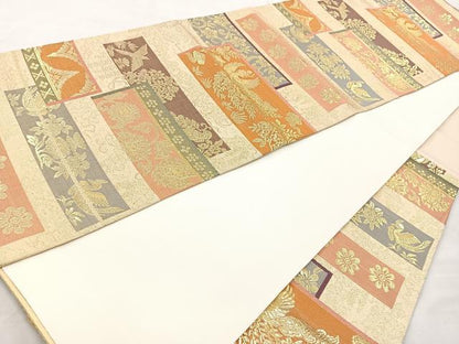 平和屋着物◎六通柄袋帯 花鳥文 金糸 正絹 逸品 BAAL7835cm