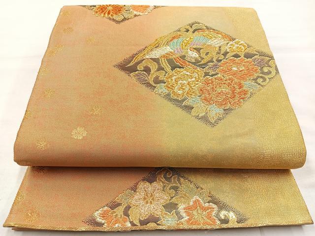平和屋着物◎六通柄袋帯 花鳥文 金糸 正絹 逸品 BAAL7837cm