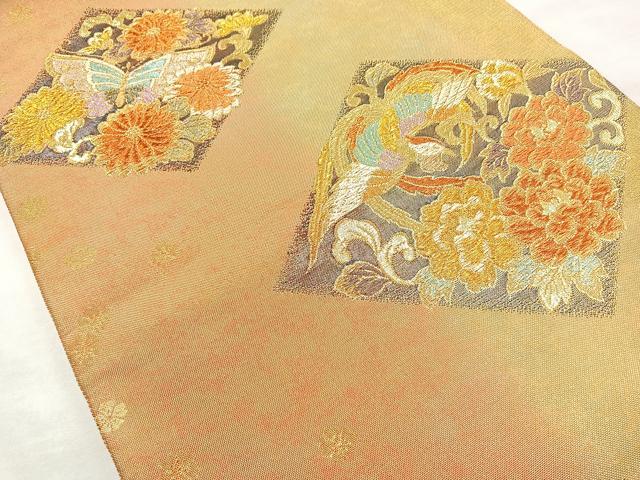 平和屋着物◎六通柄袋帯 花鳥文 金糸 正絹 逸品 BAAL7837cm