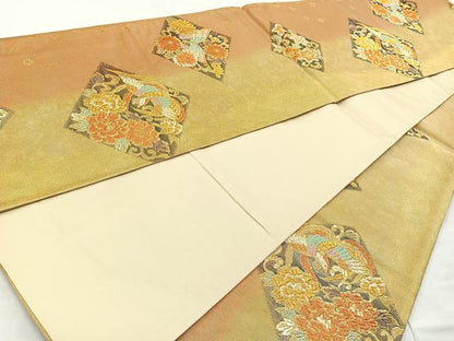 平和屋着物◎六通柄袋帯 花鳥文 金糸 正絹 逸品 BAAL7837cm