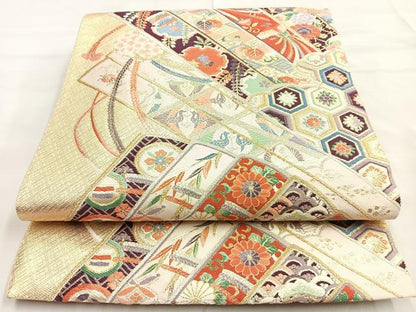 平和屋着物◎六通柄袋帯 唐織 檜扇花鳥文 金糸 正絹 逸品 BAAL7883cm