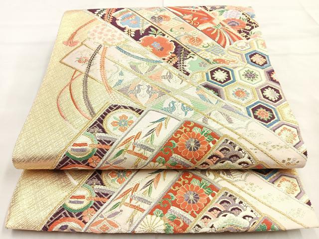 平和屋着物◎六通柄袋帯 唐織 檜扇花鳥文 金糸 正絹 逸品 BAAL7883cm