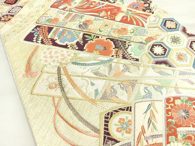 平和屋着物◎六通柄袋帯 唐織 檜扇花鳥文 金糸 正絹 逸品 BAAL7883cm