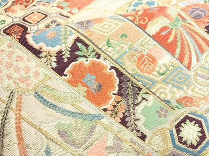 平和屋着物◎六通柄袋帯 唐織 檜扇花鳥文 金糸 正絹 逸品 BAAL7883cm