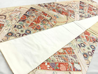 平和屋着物◎六通柄袋帯 唐織 檜扇花鳥文 金糸 正絹 逸品 BAAL7883cm