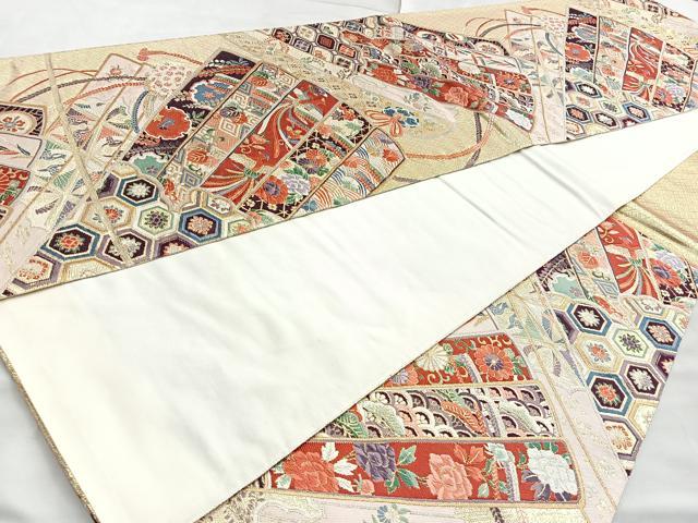平和屋着物◎六通柄袋帯 唐織 檜扇花鳥文 金糸 正絹 逸品 BAAL7883cm