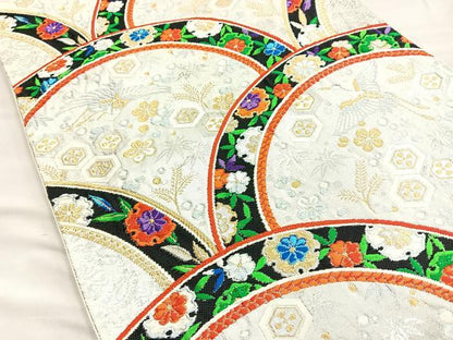 平和屋着物◎六通柄袋帯 唐織 鶴 宝尽くし 金糸 正絹 逸品 BAAL7885cm