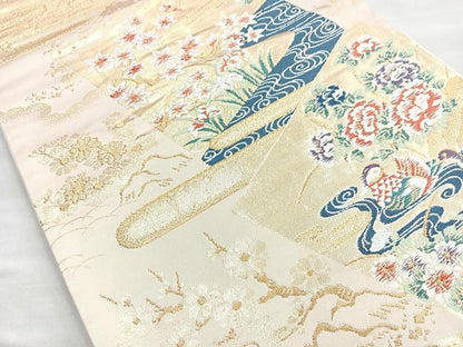 平和屋着物◎六通柄袋帯 唐織 色紙花鳥文 金銀糸 正絹 逸品 BAAL7886cm