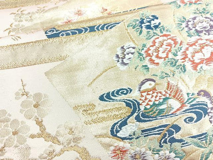 平和屋着物◎六通柄袋帯 唐織 色紙花鳥文 金銀糸 正絹 逸品 BAAL7886cm