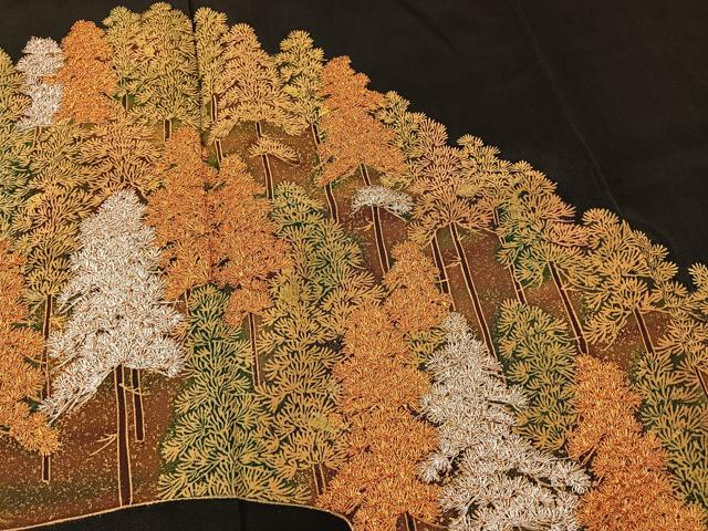 平和屋着物■豪華黒留袖　駒刺繍　樹林文　金彩　正絹　逸品　BAAM1396ui