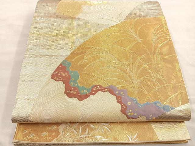 平和屋着物◎六通柄袋帯 三日月 地紙秋草文 金銀糸 正絹 逸品 BAAM1476ea