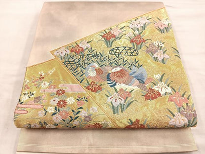 平和屋着物◎太鼓柄袋帯 唐織 鴛鴦花筏文 金糸 引箔 正絹 逸品 BAAM1529ea