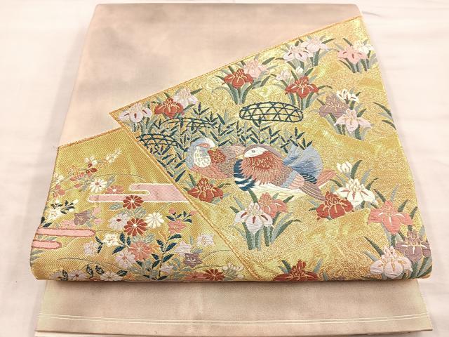 平和屋着物◎太鼓柄袋帯 唐織 鴛鴦花筏文 金糸 引箔 正絹 逸品 BAAM1529ea