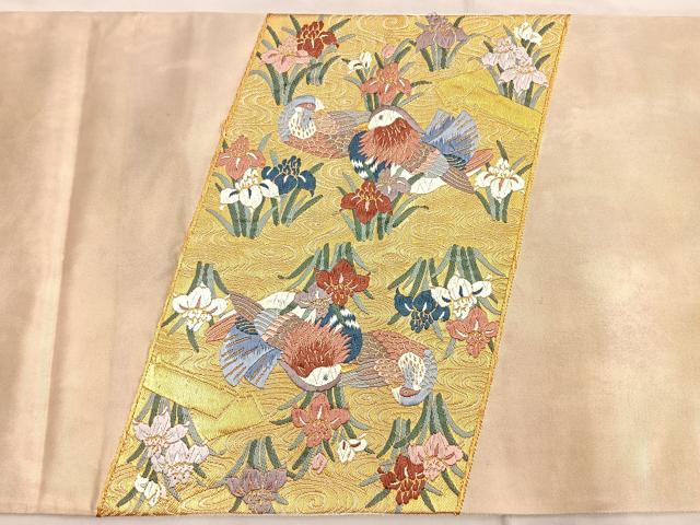 平和屋着物◎太鼓柄袋帯 唐織 鴛鴦花筏文 金糸 引箔 正絹 逸品 BAAM1529ea
