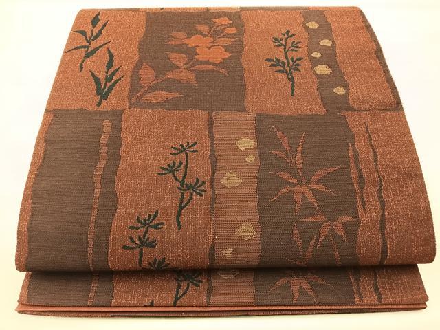 平和屋着物◎六通柄袋帯 市松草花文 正絹 逸品 BAAM2136if