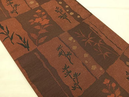平和屋着物◎六通柄袋帯 市松草花文 正絹 逸品 BAAM2136if
