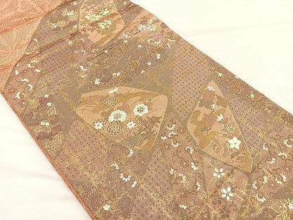 平和屋着物◎太鼓柄袋帯 手描き 切嵌花唐草文 金彩 正絹 逸品 BAAM2179if