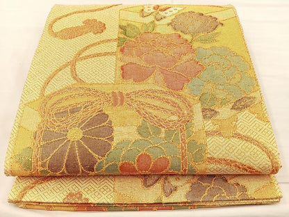 平和屋着物◎佐賀錦 六通柄袋帯 貝桶花蝶文 金糸 やまとオリジナル 正絹 逸品 BAAM2181if